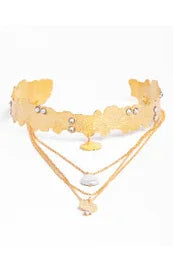 Gold floral choker with layered pearl chains, elegant women's jewelry accessory