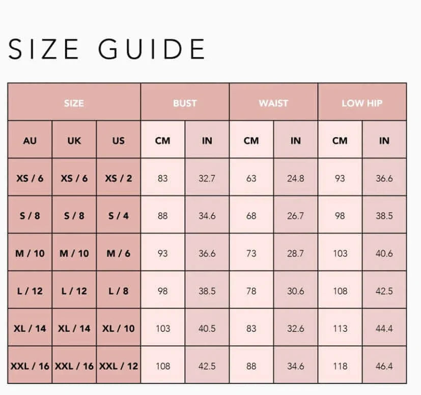 Women's size guide chart showing AU, UK, US sizes with bust, waist, hip measurements in cm and inches.