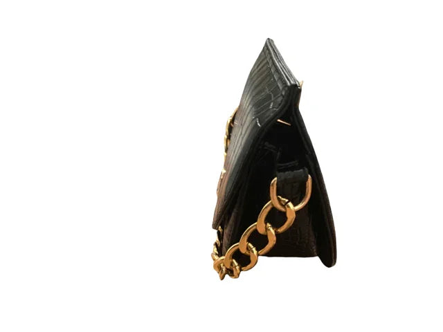 Black crocodile pattern handbag with gold chain strap side view