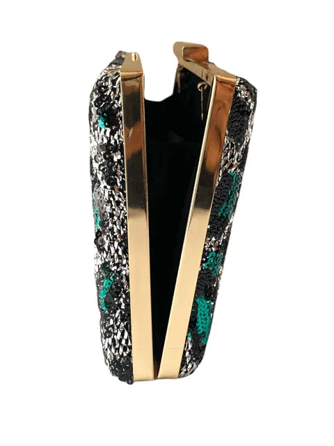 Side view of sequin embellished clutch purse with gold metal frame