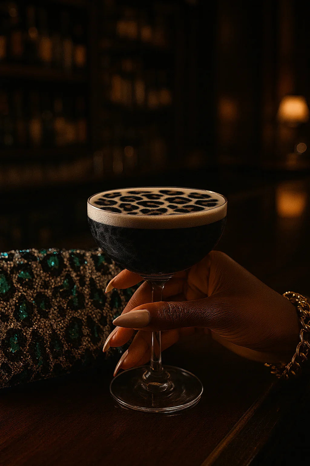 Hand holding a black cocktail with leopard print foam in a coupe glass at a dim bar.