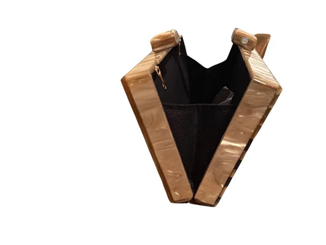 Geometric wooden clutch handbag with black interior and gold hardware, open top view